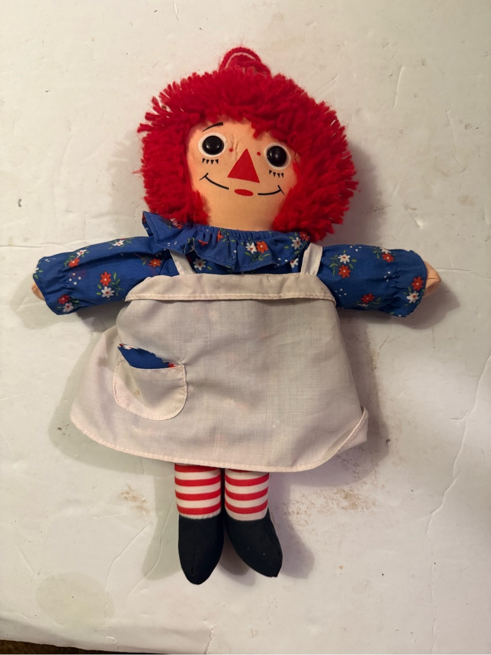 Red-Haired Rag Doll with Blue Floral Dress and White Apron raggedy Ann